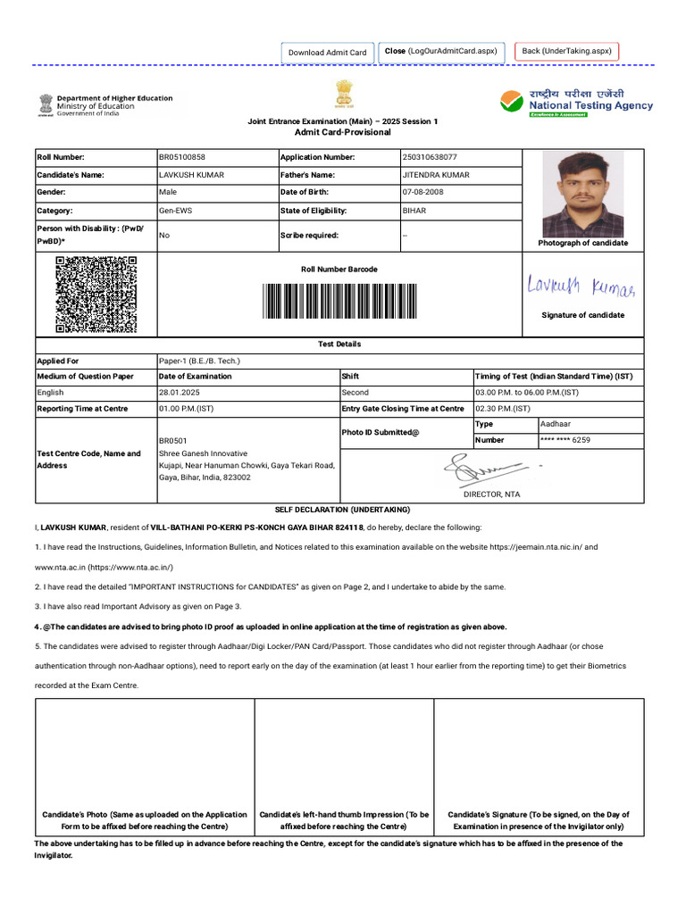 Admit Card for JEE Main 2025 Exam | PDF
