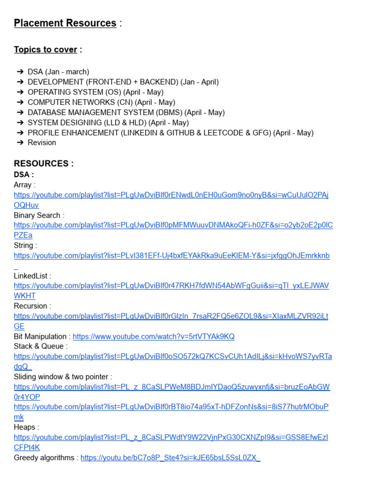 Placement Resources 2024 | PDF | Dynamic Programming | C++
