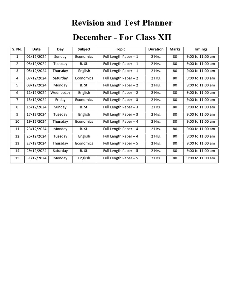 December Test Schedule - Class XII | PDF
