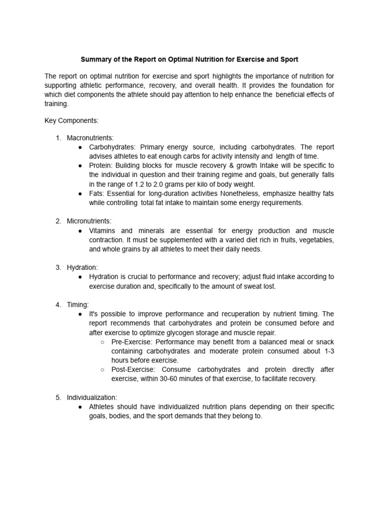 Summary of The Report On Optimal Nutrition For Exercise and Sport | PDF ...