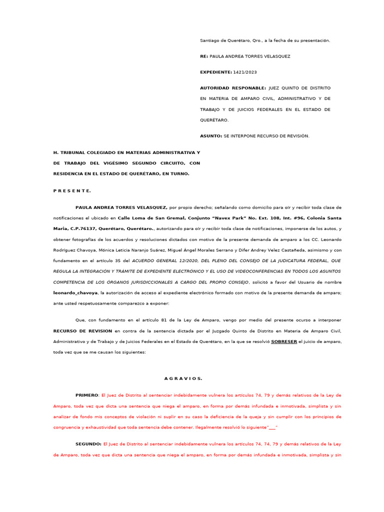Recurso de Revisión en Amparo 1421/2023 | PDF | Caso de ley | Constitución