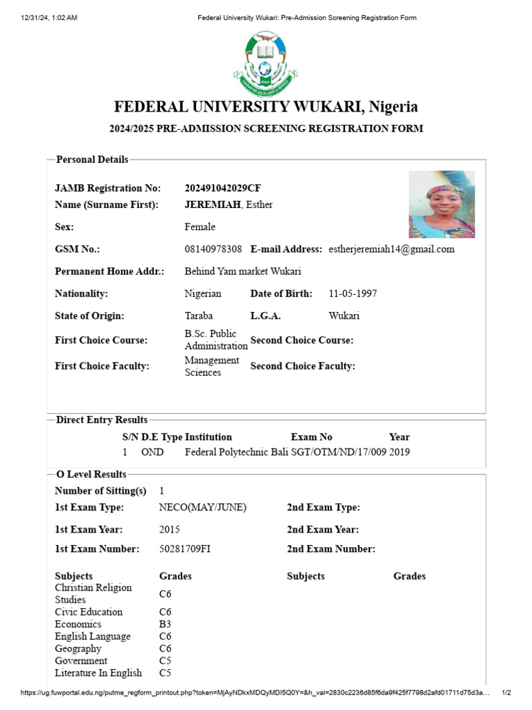 Federal University Wukari - Pre-Admission Screening Registration Form | PDF