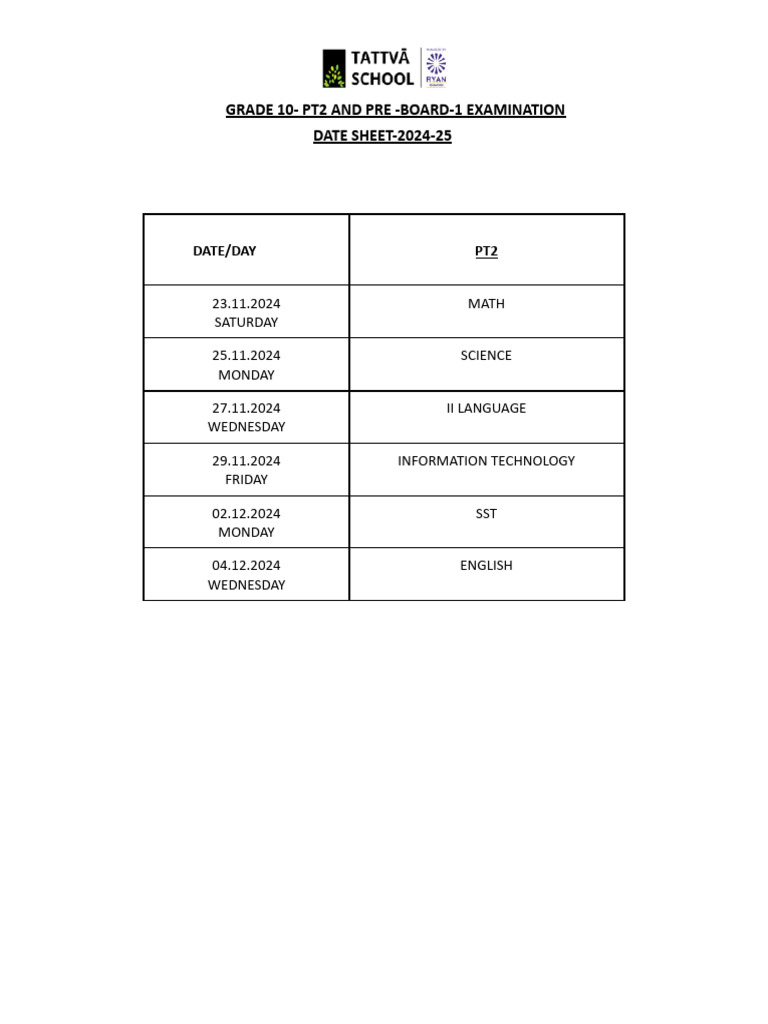 Grade 10 pt2 pre board 1 examination date sheet 2024 25 docx 1 pdf