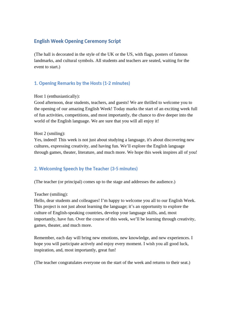 English Week Opening Ceremony Script | PDF