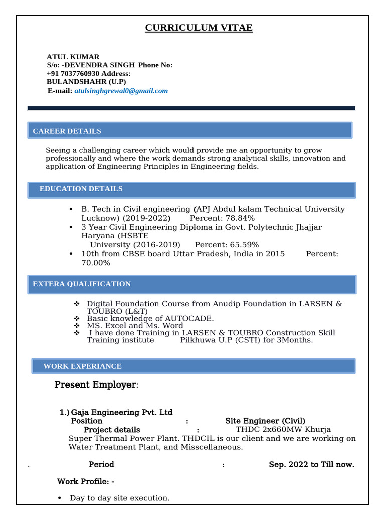 Atul Kumar - Civil Engineer CV | PDF