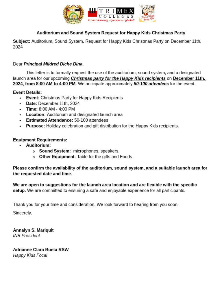 Auditorium and Sound System Request For Happy Kids Christmas Party ...