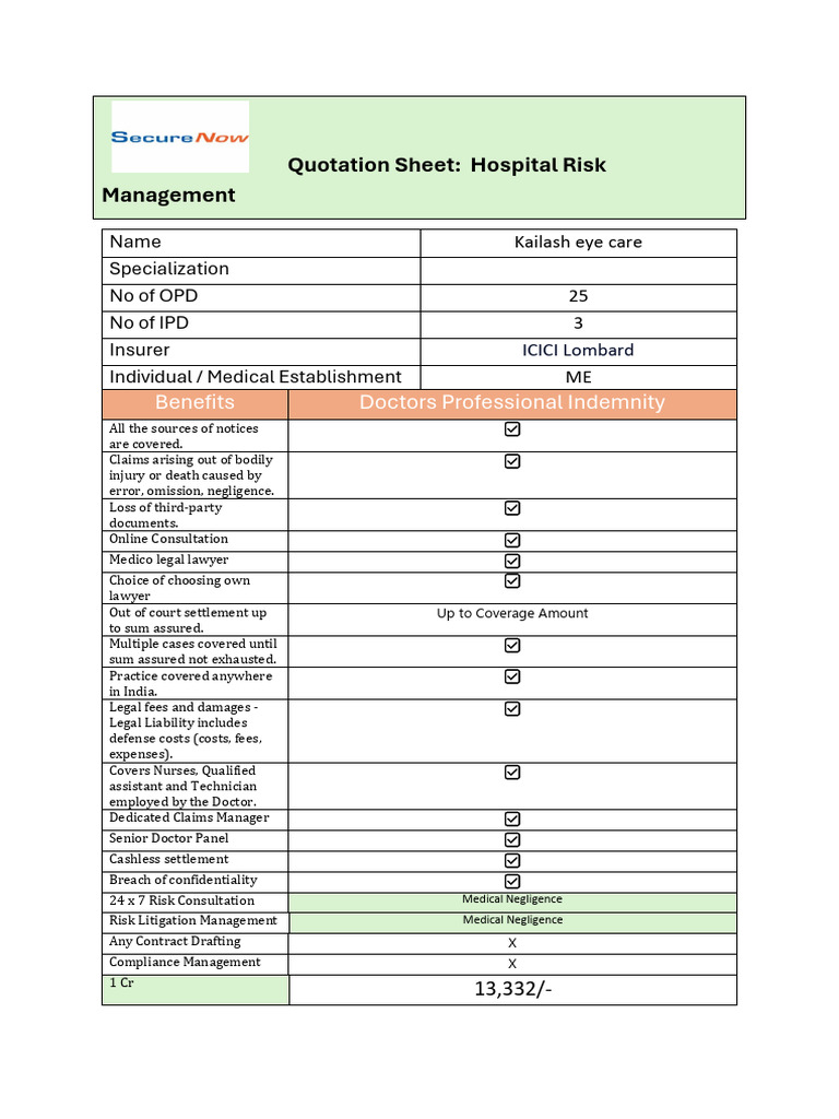 Hospital Risk Management Quotation Sheet | PDF