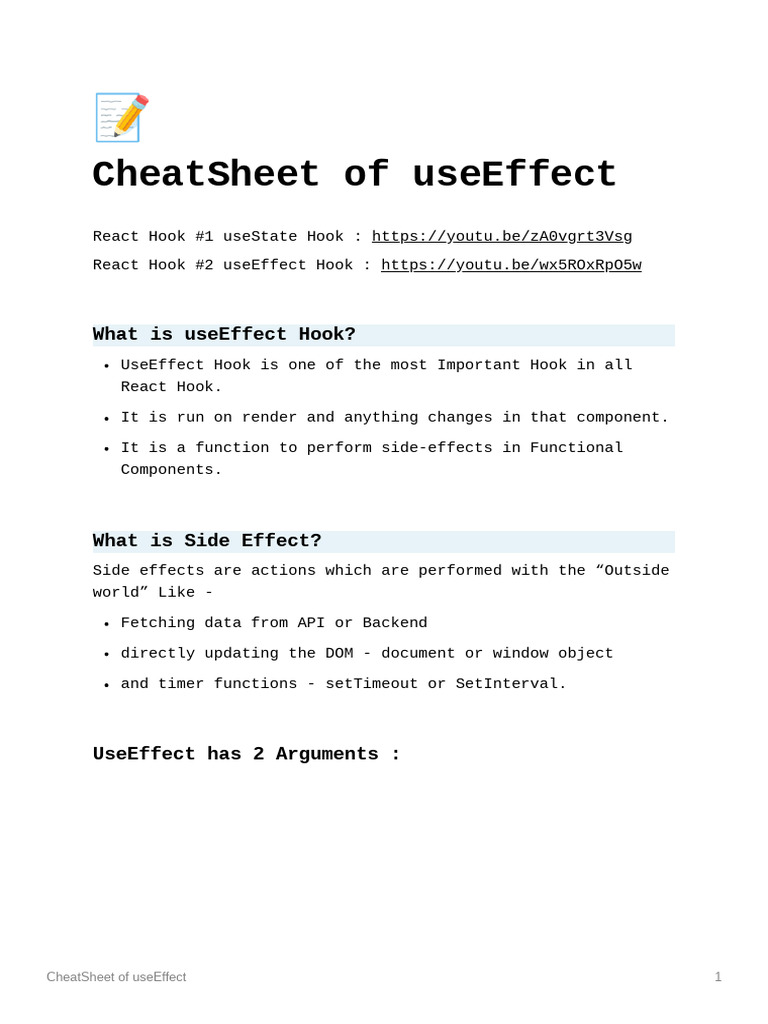 useEffect Hook Cheat Sheet | PDF | Computer Programming | Computing