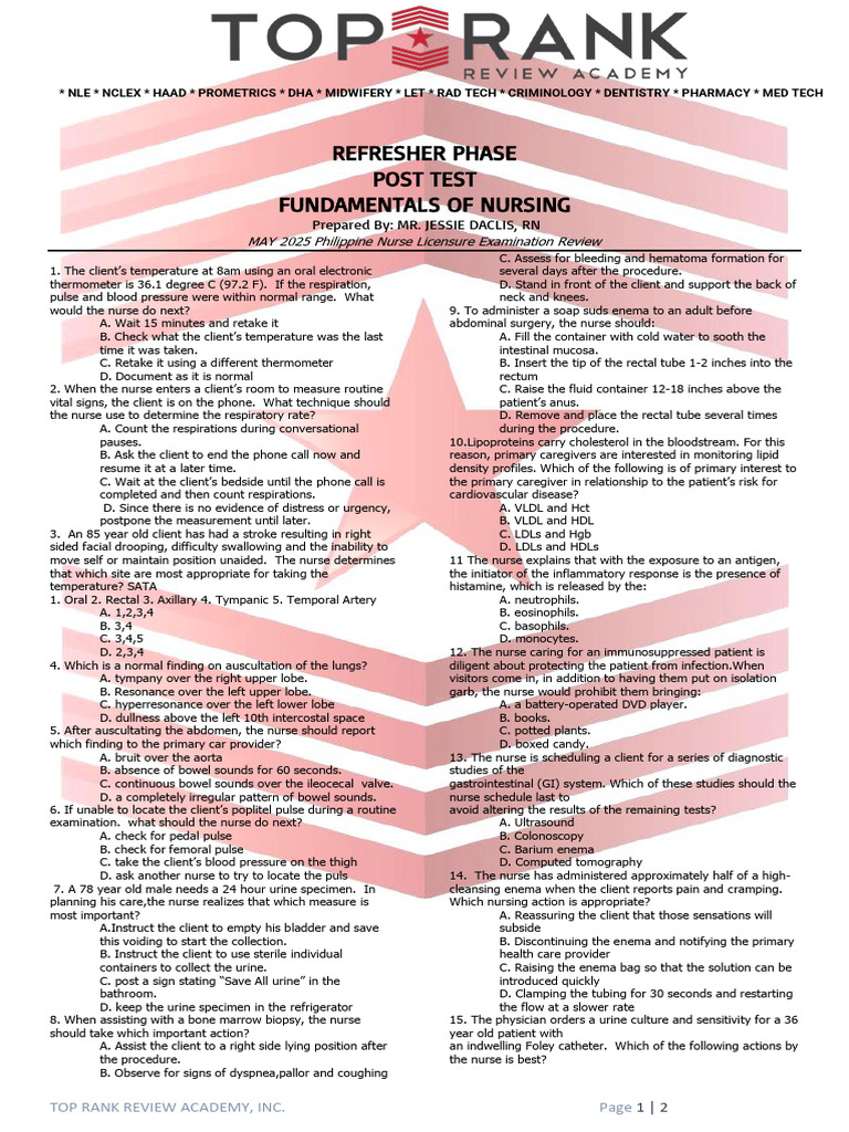 Nursing Fundamentals Post Test Review | PDF | Pain | Clinical Medicine