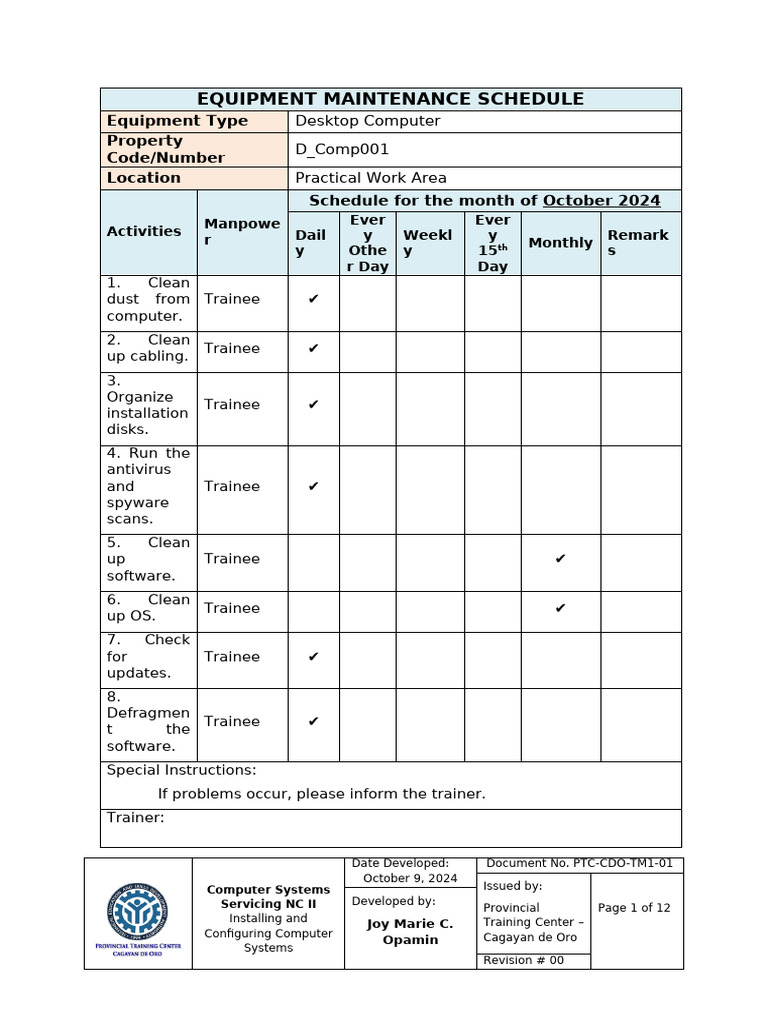 October 2024 Computer Maintenance Plan | PDF