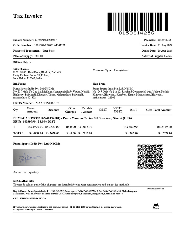 Myntra Tax Invoice for Puma Sneakers | PDF | Trade | Payments