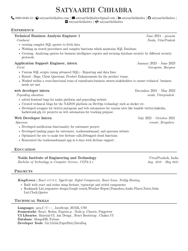 CV SatyaarthChhabra | PDF | Databases | Information Technology