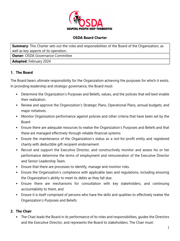 OSDA Board Charter Overview | PDF | Risk | Regulatory Compliance