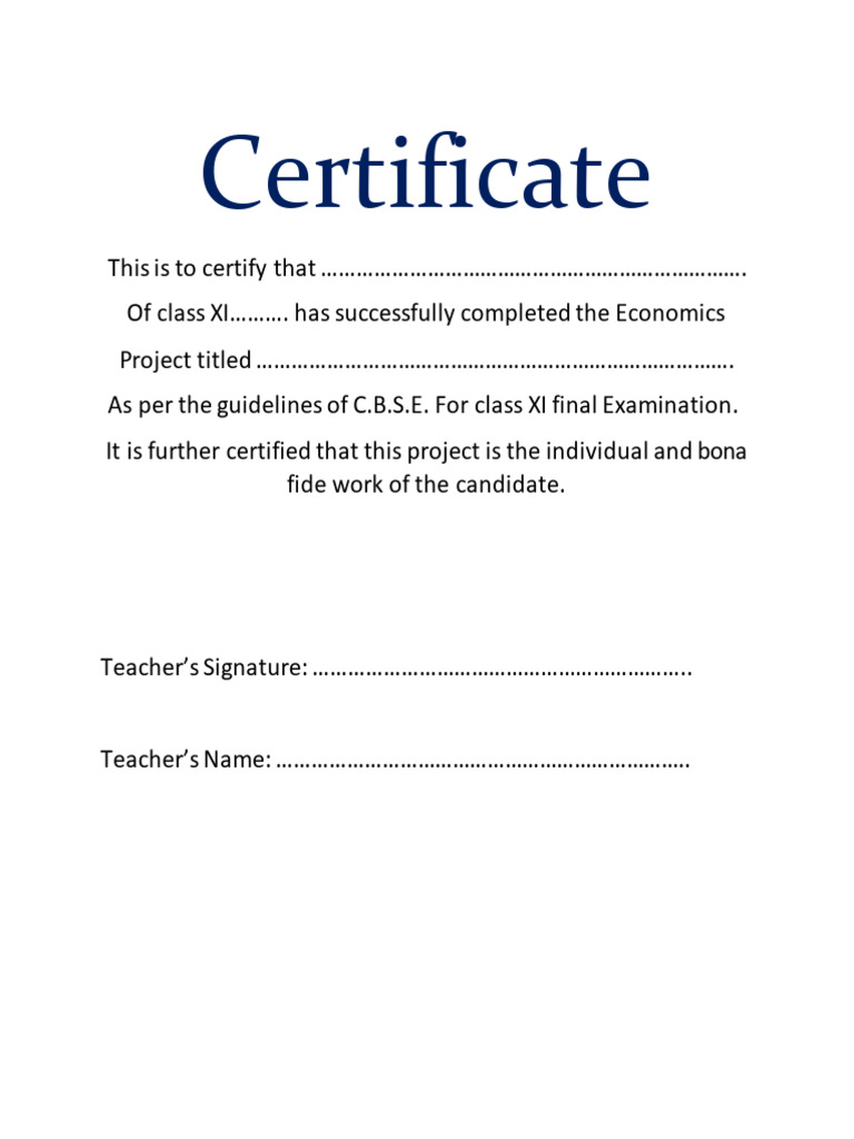 Class Xi Economics Project Certificate Pdf