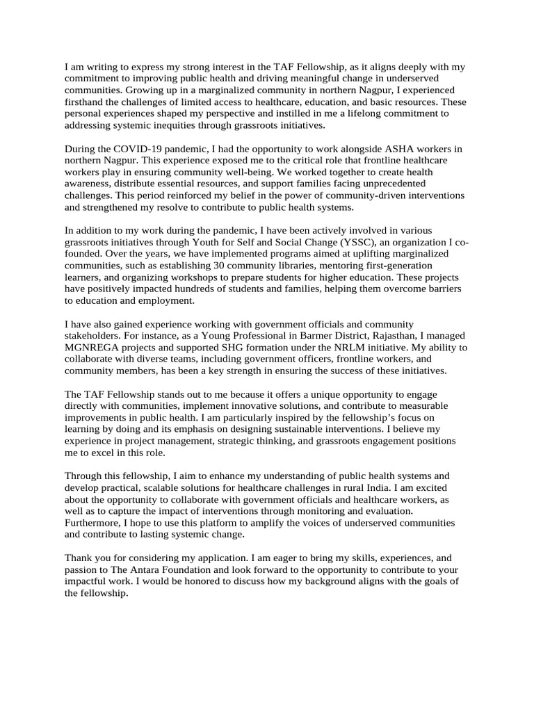 I Am Writing To Express My Strong Interest in The TAF Fellowship | PDF ...
