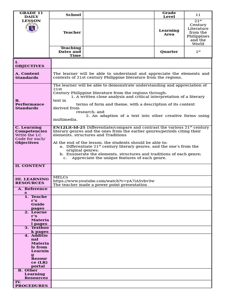 Grade 11 Lesson Plan: 21st Century Literature | PDF | Genre | Novels