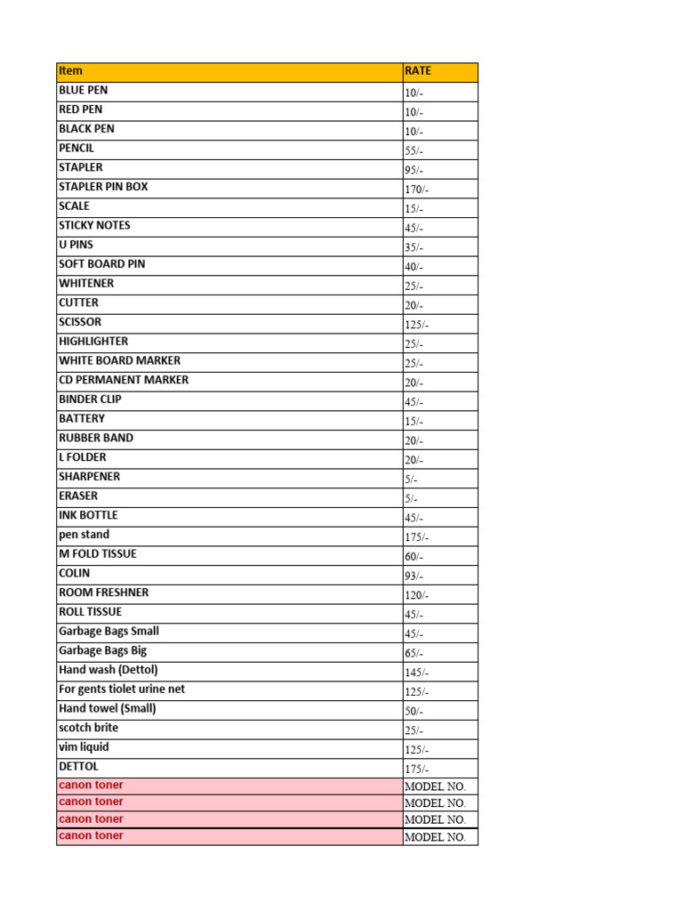 Office Stationaery List (Quote) | PDF | Writing Implements | Stationery
