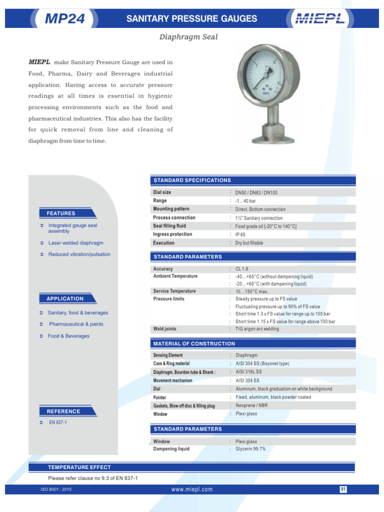 Sanitary Pressure Gauge Specifications | PDF | Pressure Measurement ...