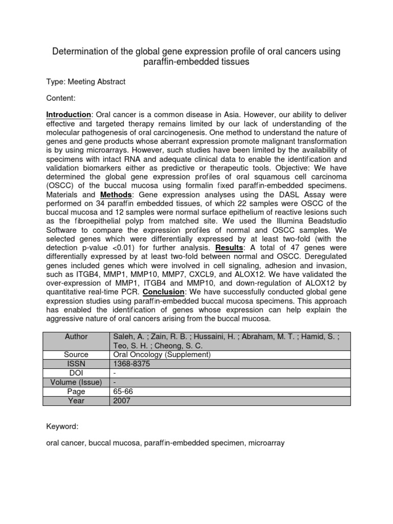 Gene Expression in Oral Cancer Tissues | PDF