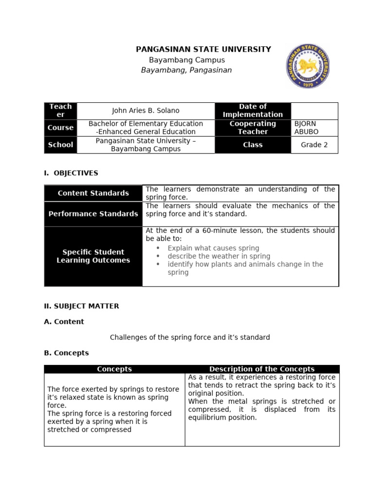 Math BJ Lesson Plan | PDF | Force | Lesson Plan