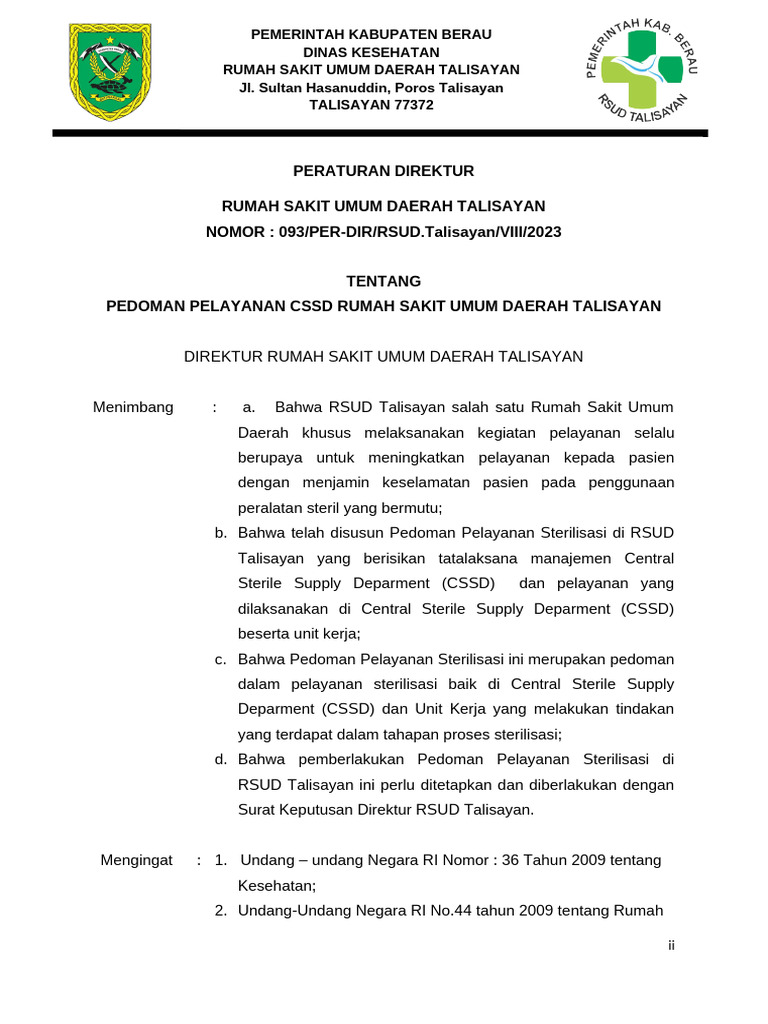 Pedoman Pelayanan CSSD RSUD Talisayan | PDF