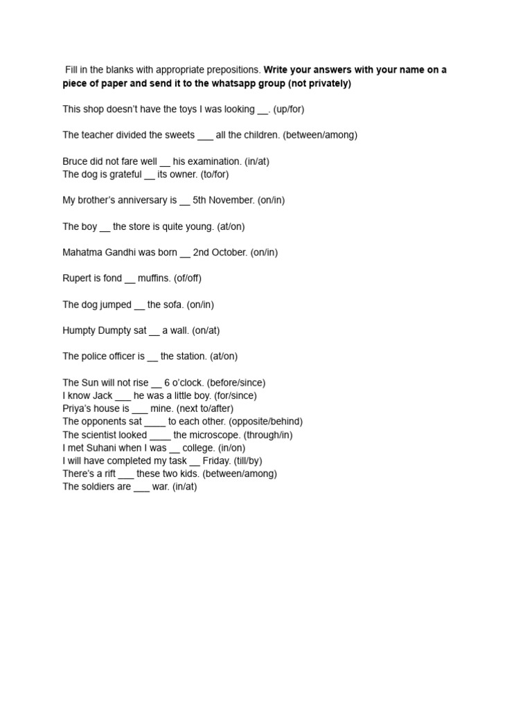 Preposition Exercise Worksheet Pdf