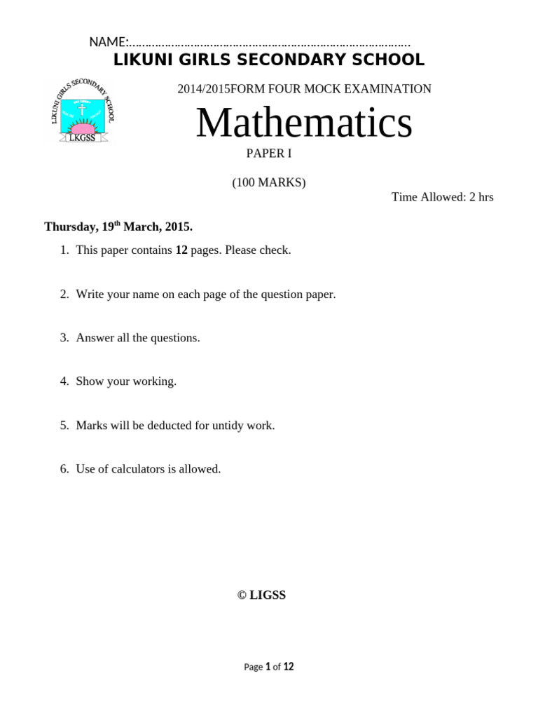 Likuni Girls Math Mock Exam Pdf Inequality Mathematics