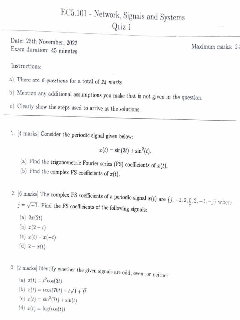 Network Signals and Sytems Quiz | PDF | Fourier Analysis | Mathematics