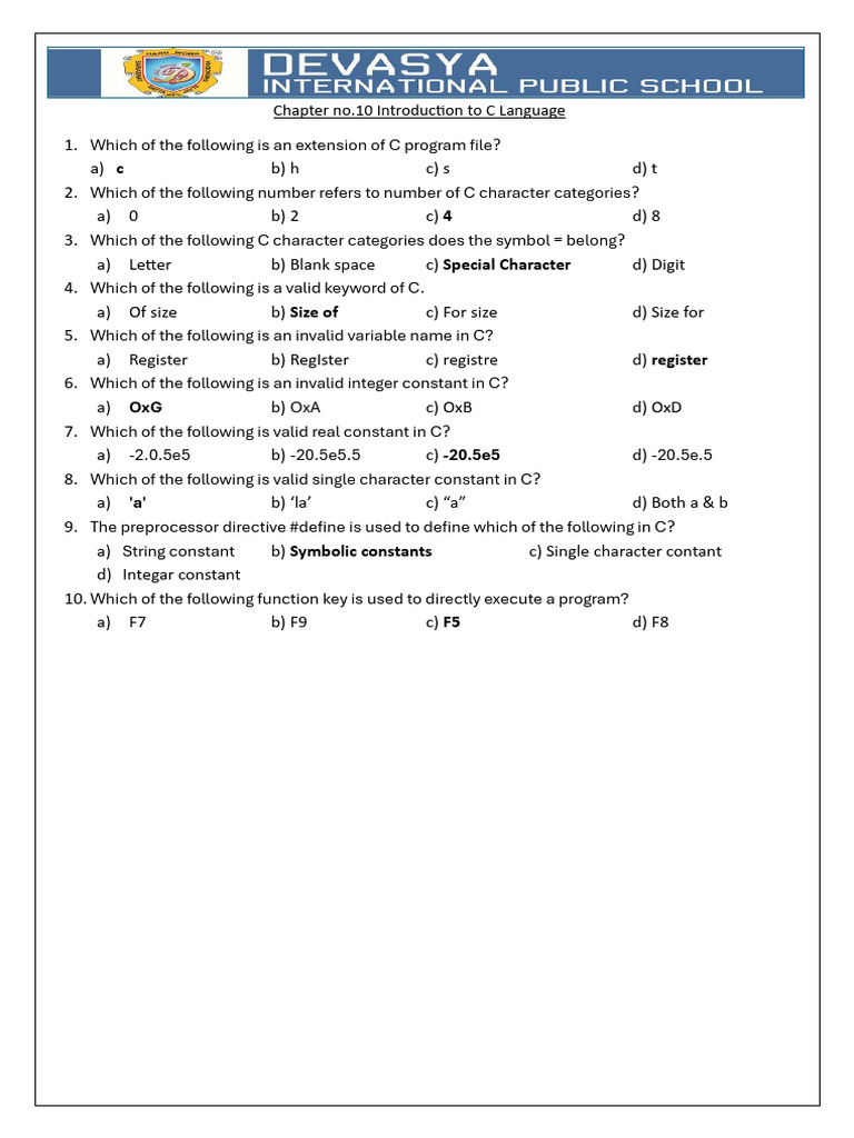 C Language MCQs for 10th Grade | PDF