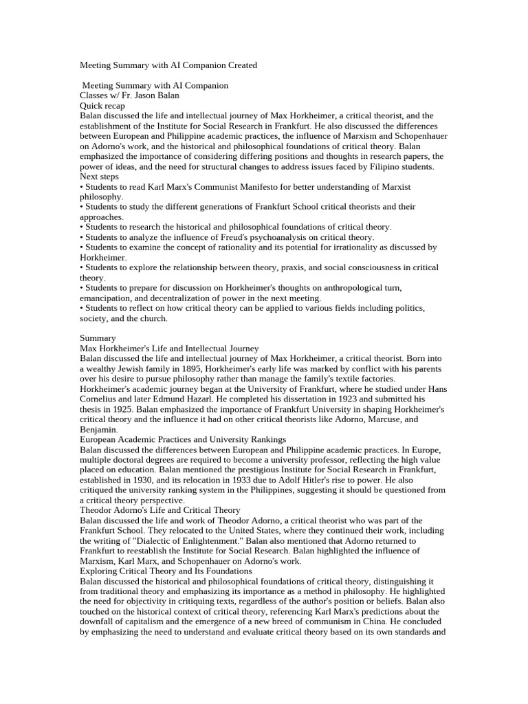 Meeting summary with ai companion created pdf critical theory