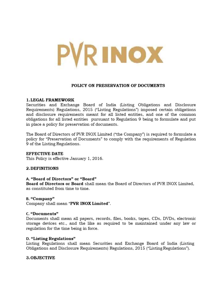 PVR INOX Document Preservation Policy | PDF | Discovery (Law) | Board ...