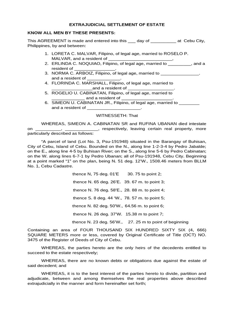 Extrajudicial Settlement of Estate-Cabinantan | PDF | Legal Documents ...