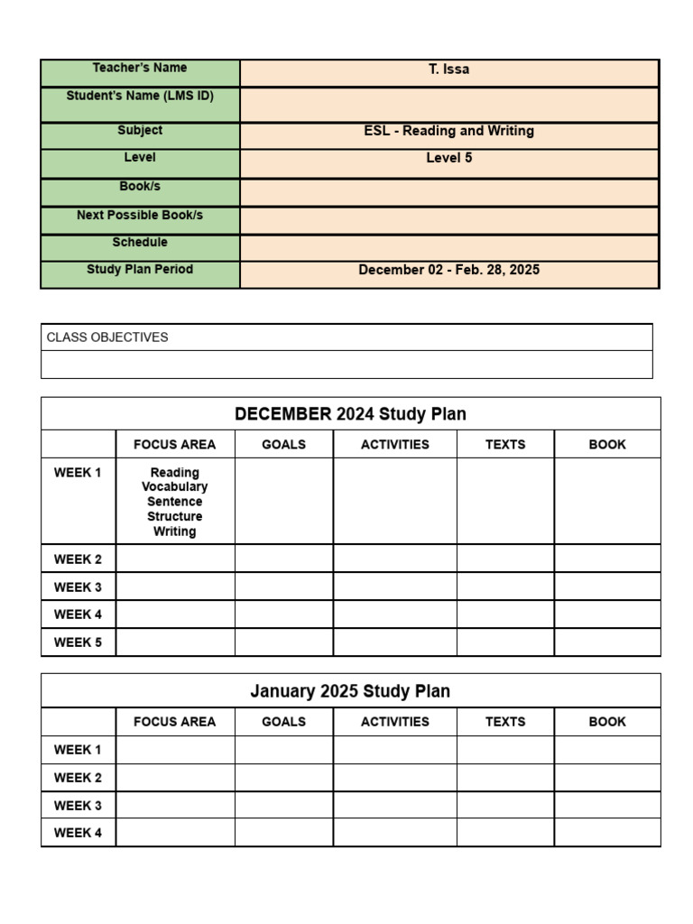 ESL Level 5 Study Plan 2024-2025 | PDF