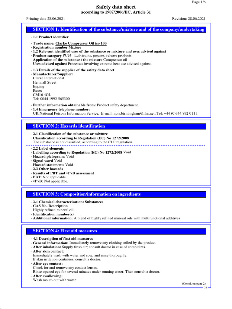 Clarke Compressor Oil ISO 100 Safety Data Sheet | PDF | Waste ...