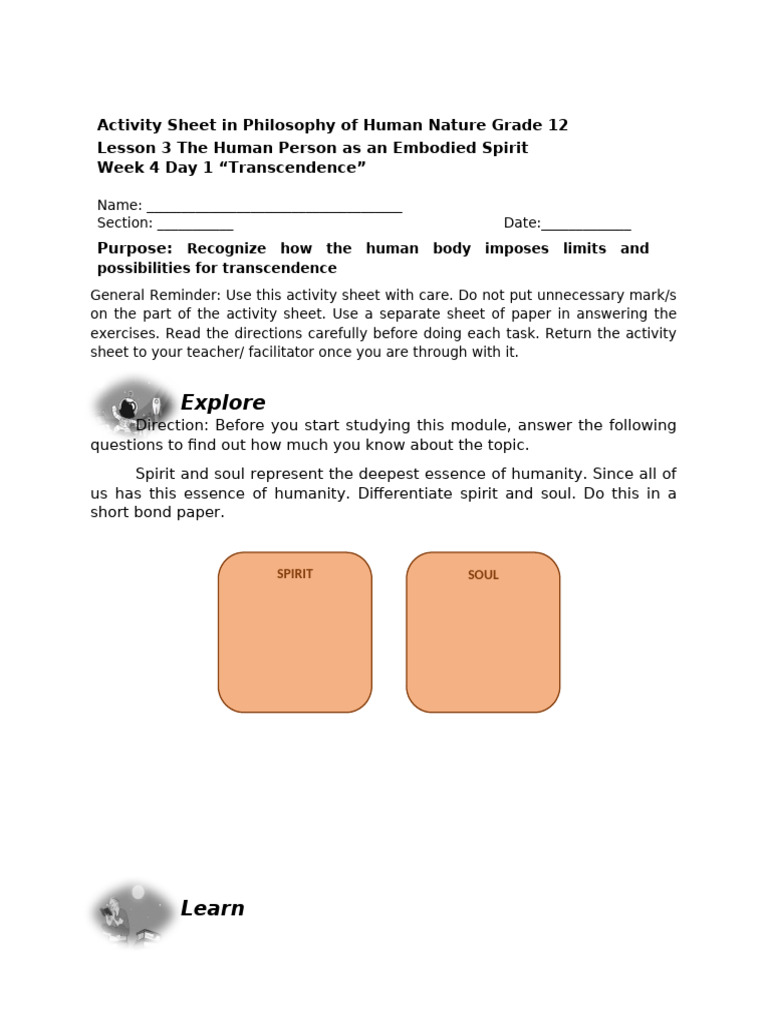 Philosophy of Human Nature Activity Sheet | PDF | Transcendence ...