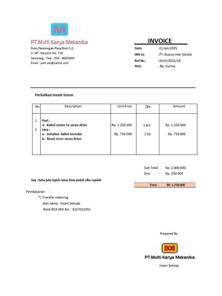 Invoice Perbaikan PT. Buana Inter Global | PDF