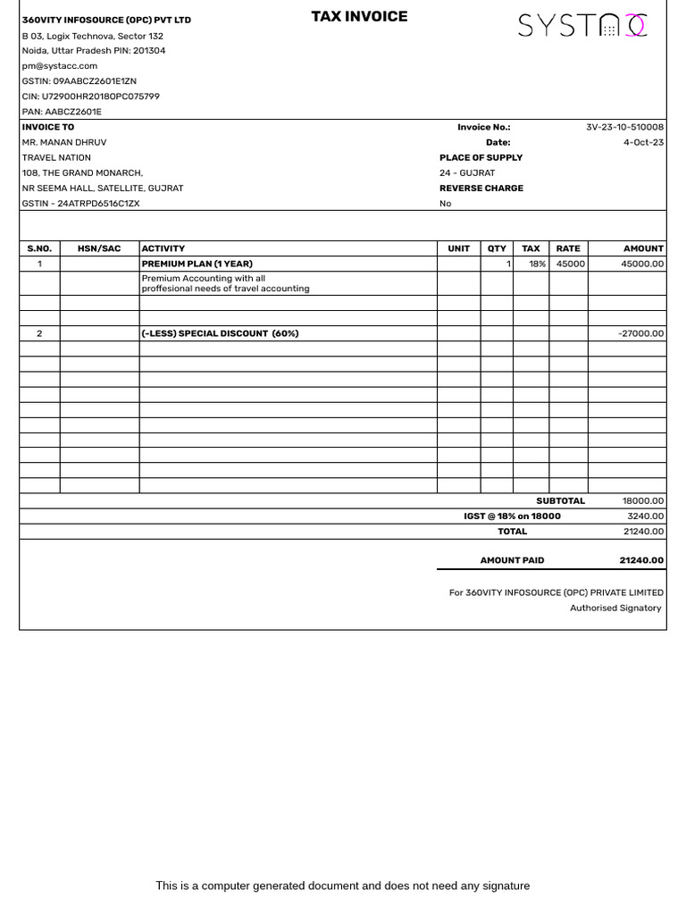 Invoice for Premium Plan at Logix Technova | PDF