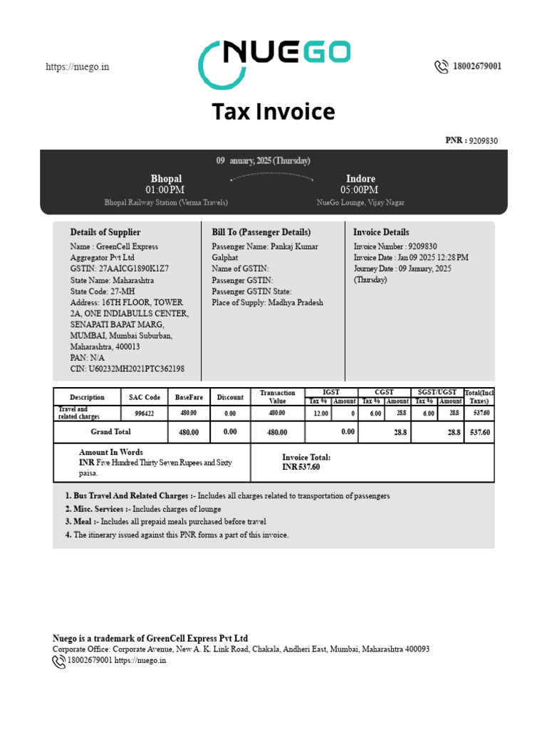 NueGo Lounge Invoice - Vijay Nagar | PDF | Transport