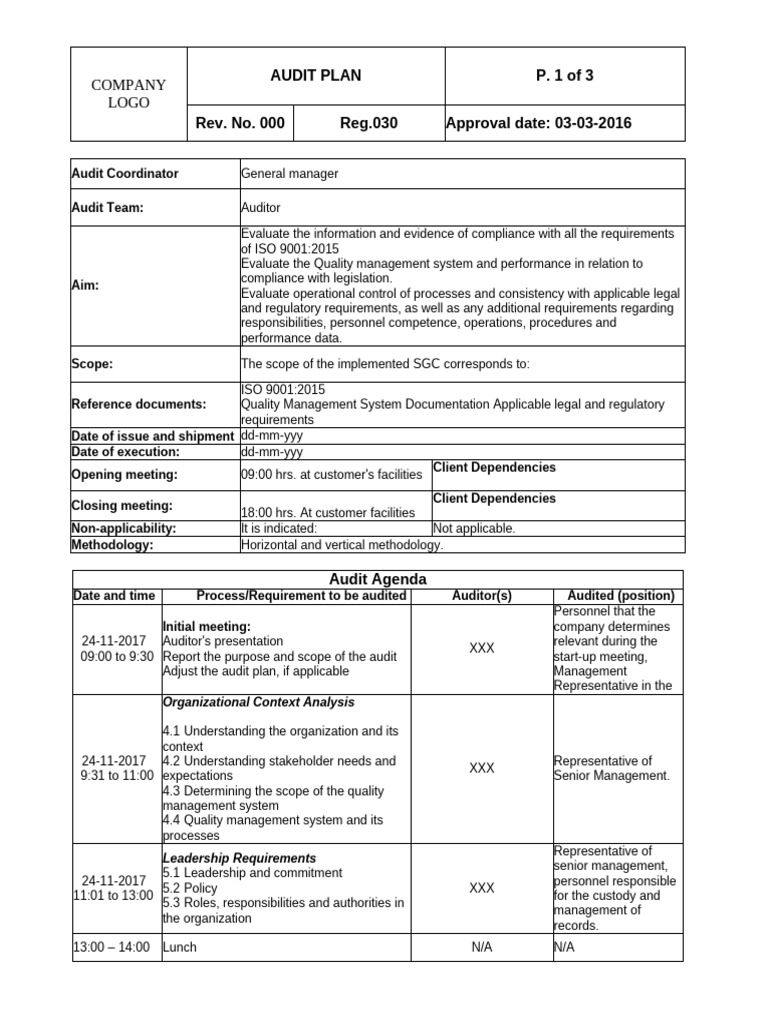 ISO 9001:2015 Audit Plan Overview | PDF | Audit | Quality Management