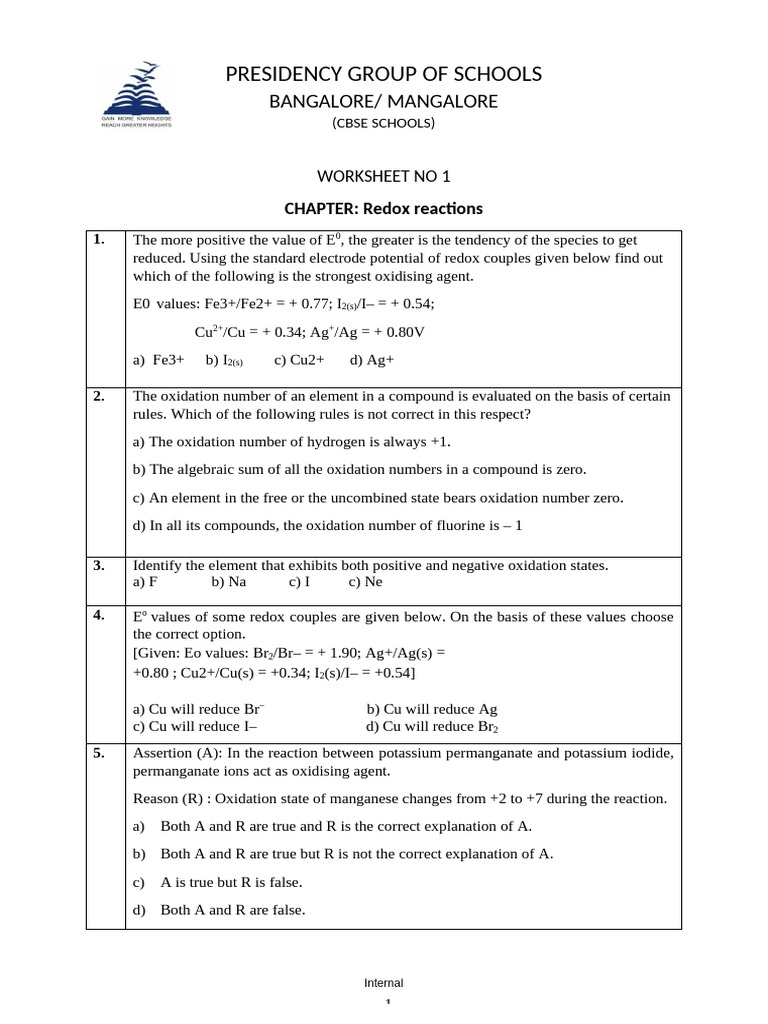 Redox Reactions Worksheet for CBSE | PDF | Redox | Chemical Reactions