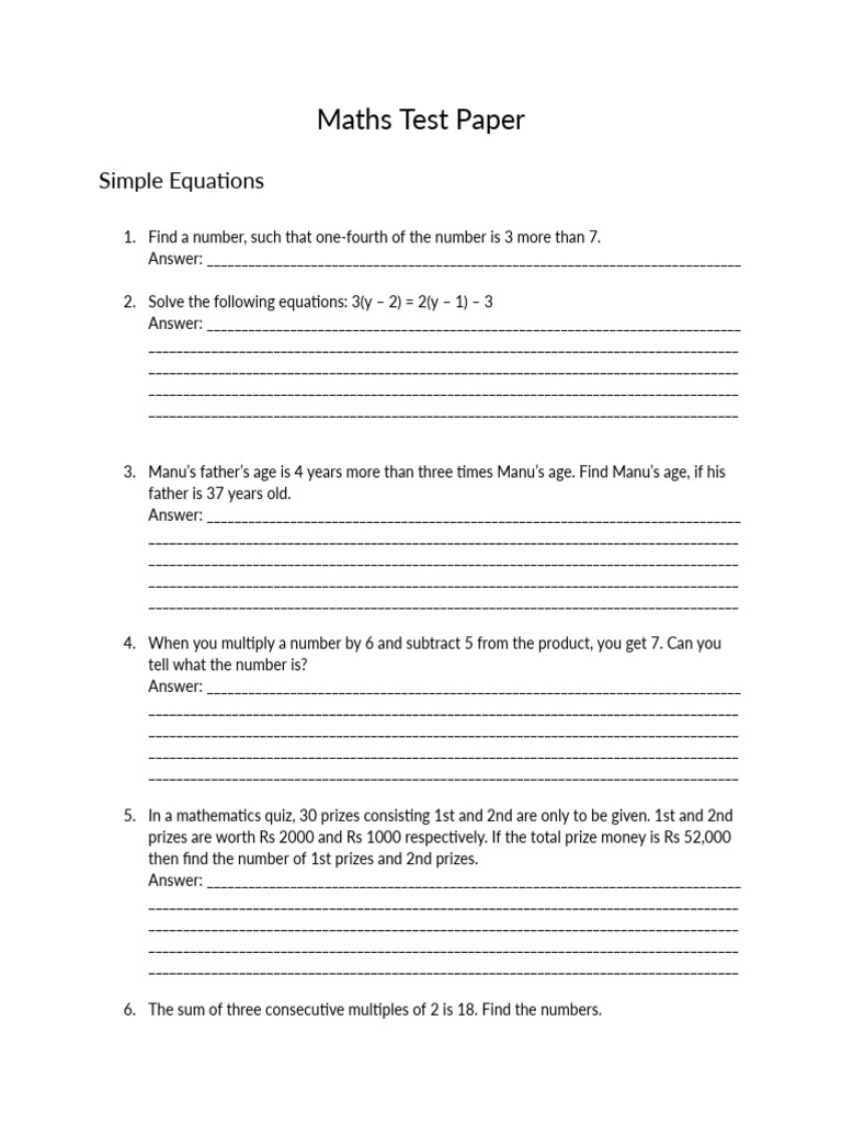 Class 7 Simple Equations Test Paper | PDF | Euclidean Plane Geometry ...