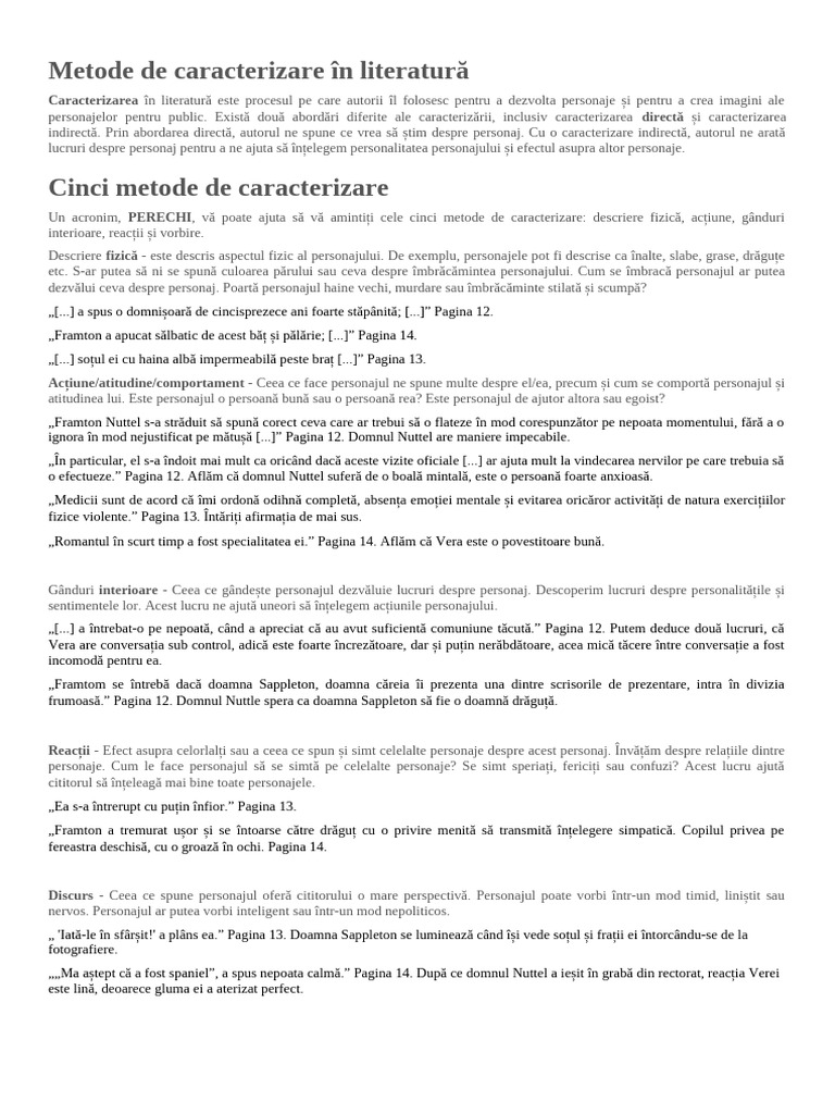 Metode de Caracterizare În Literatură | PDF