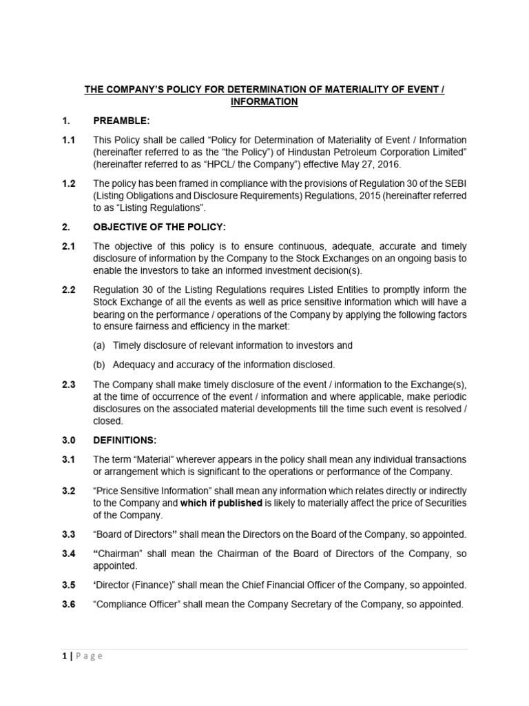 HPCL Materiality Policy Guide | PDF | Bankruptcy | Securities (Finance)