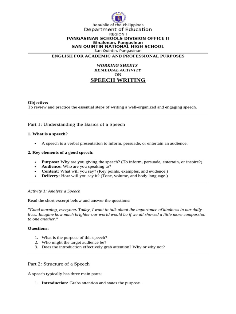 Speech Writing and Delivery Worksheets | PDF | Speech | Body Language