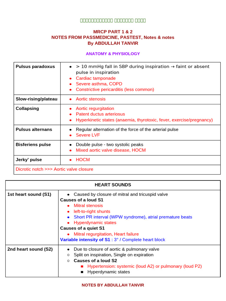 Mrcp Cardiology Notes By Abdullah Tanvir Pdf Heart Heart Valve