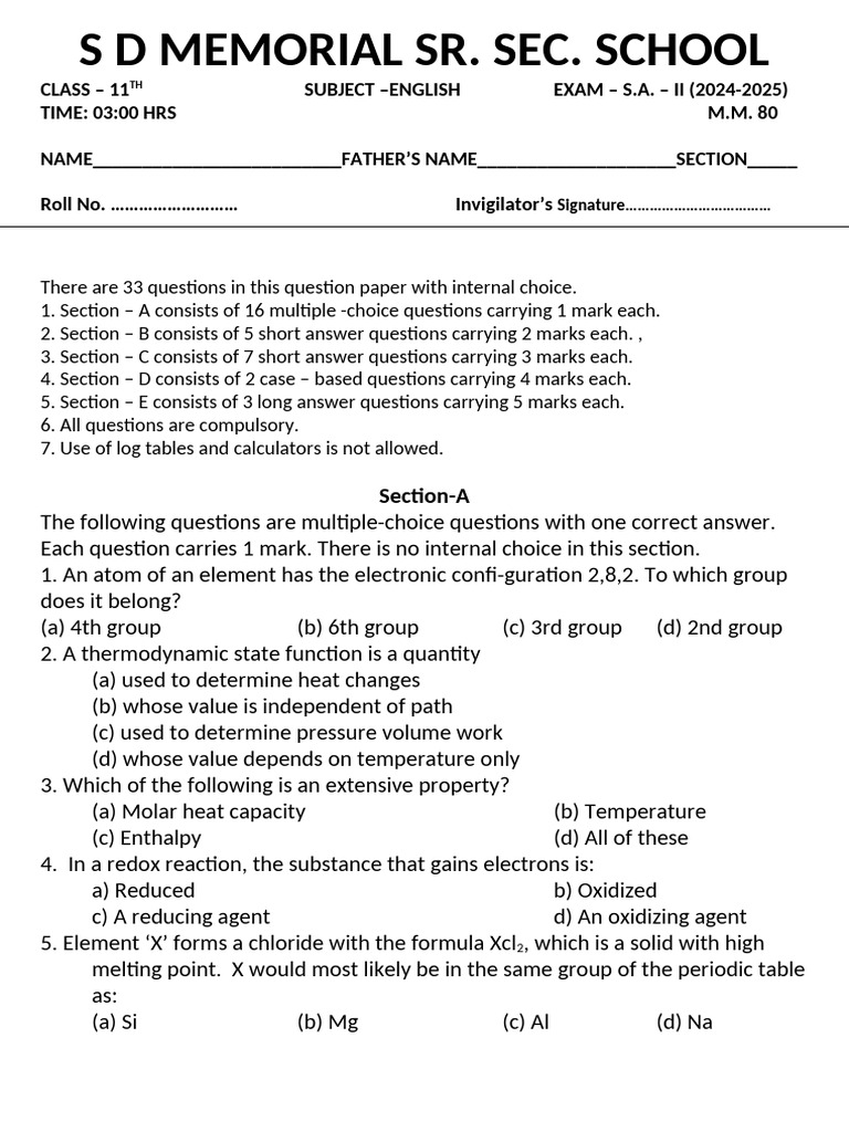 Class 11 English Exam Paper Format | PDF | Chemical Reactions ...