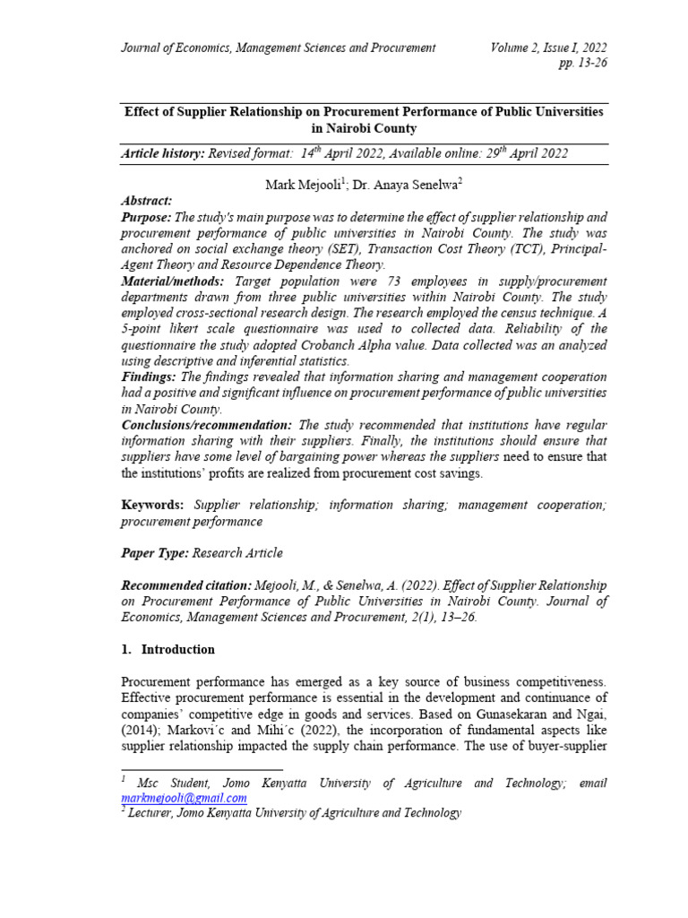 Effect of Supplier Relationship On Procurement Performance of Public ...