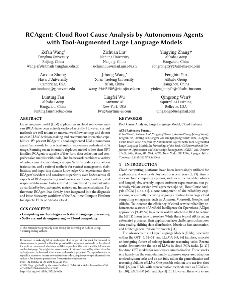 RCAgent - Cloud Root Cause Analysis by Autonomous Agents With Tool ...