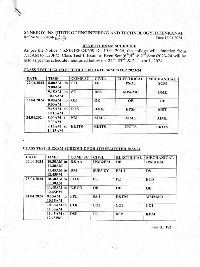 Revised Exam Schedule C.test-Ii Even Sem 2023-24 - 20240416 - 0001 | PDF