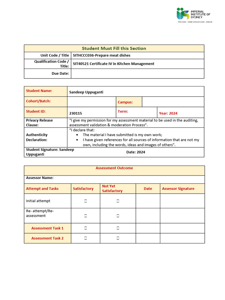 SITHCCC036 Student Assessment Tasks | PDF | Steak | Grilling